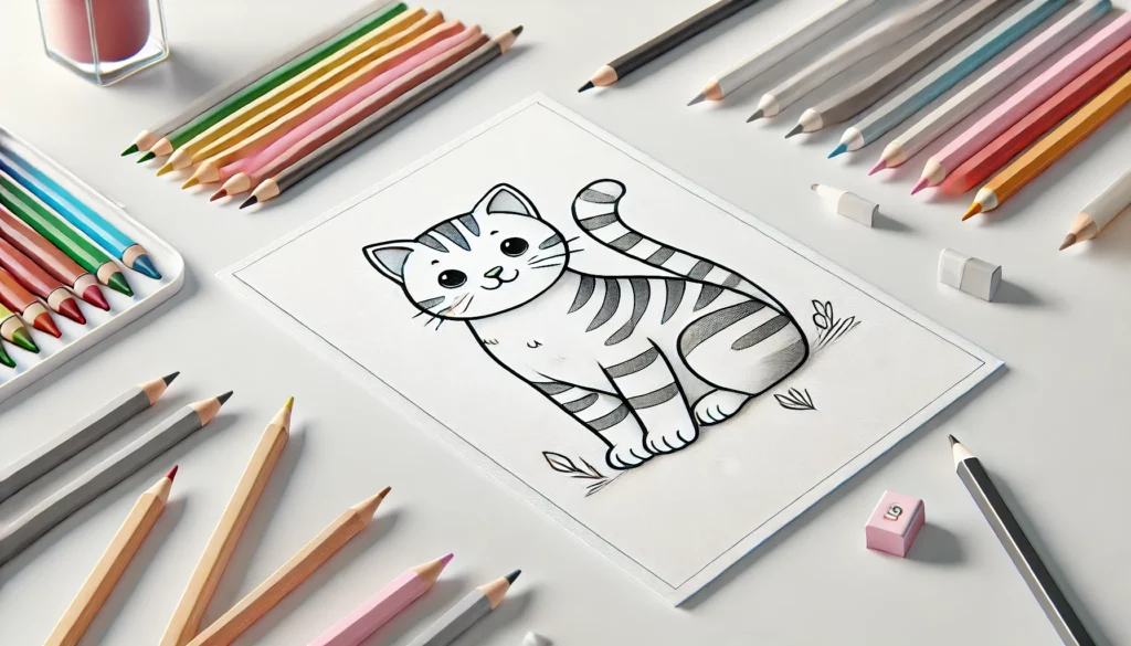 Dall·e 2024 10 10 17 39 03 a realistic, horizontally long mockup of a cat themed coloring page on a clean white background the coloring page features a simple, child friendly c