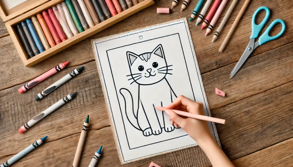 Dall·e 2024 10 11 16 39 07 a mockup of a cat coloring page placed on a wooden table, with some crayons and colored pencils scattered around the page should show a simple cat de