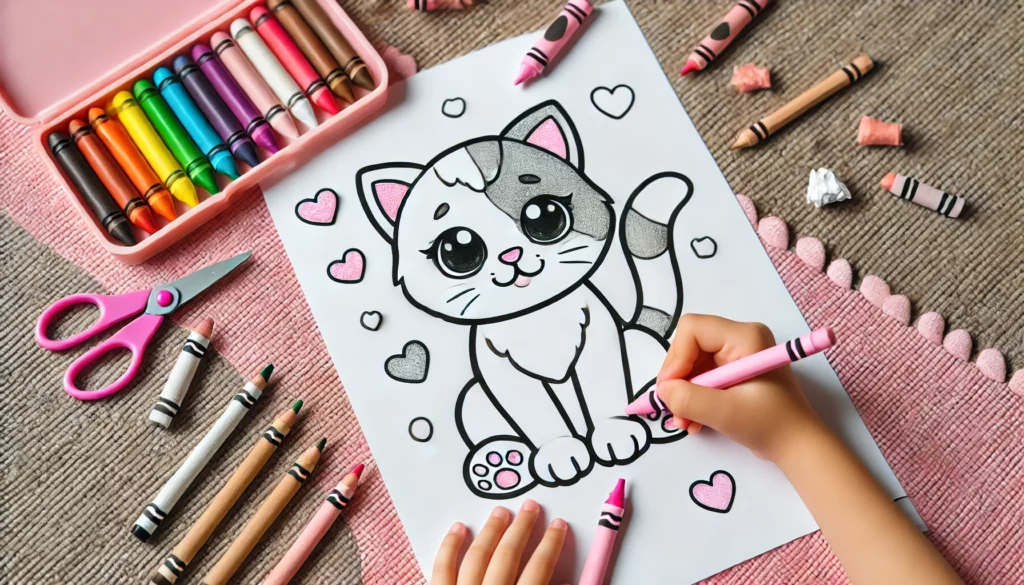 Dall·e 2024 10 11 16 39 12 a cat coloring page mockup showing a partially colored in cartoon cat the image should include crayons and colored pencils on the side, along with a