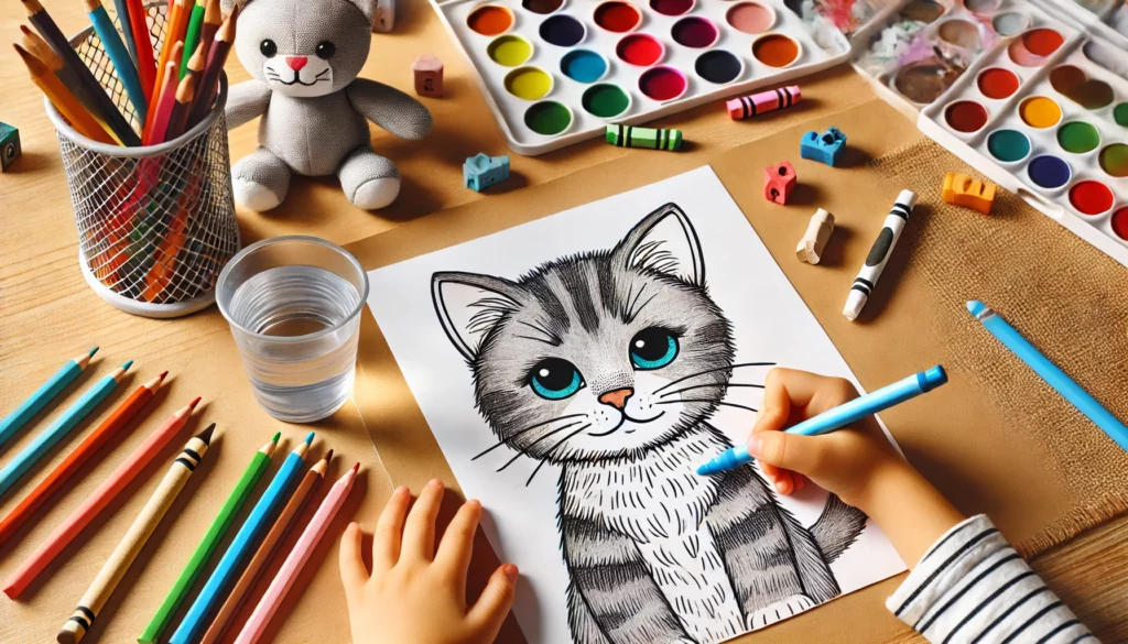 Dall·e 2024 10 11 16 47 20 a cat coloring page mockup placed on a child’s art desk, with crayons, colored pencils, and a cup of water for painting on the side include a child’s