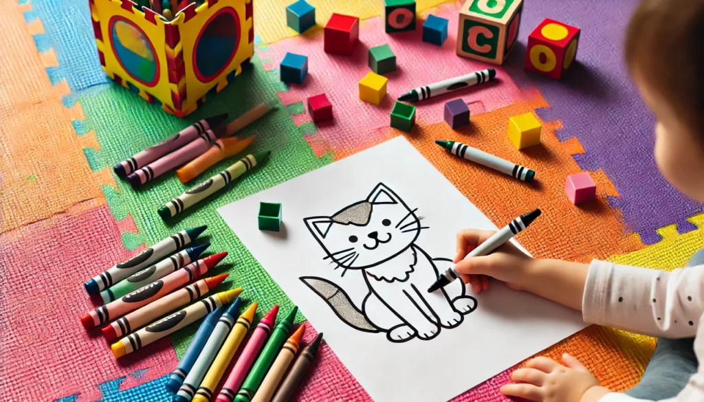 Dall·e 2024 10 11 16 48 03 a cat coloring page mockup placed on a colorful play mat, surrounded by crayons, colored markers, and toy blocks the coloring page should have a simp