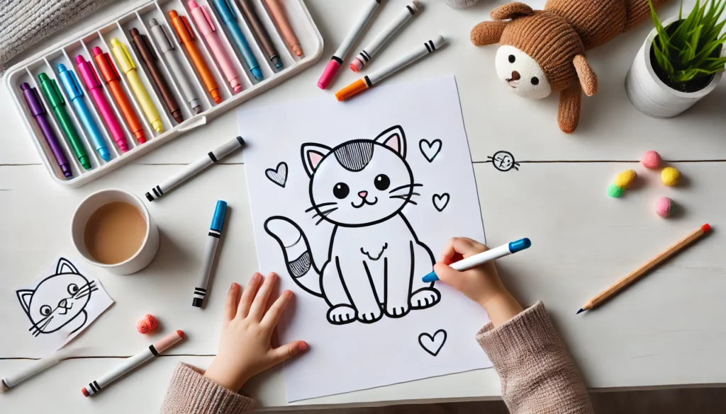 Dall·e 2024 10 11 16 49 36 a cat coloring page mockup showing a child coloring a simple cat drawing on a white table surface the scene should include colorful markers and a few