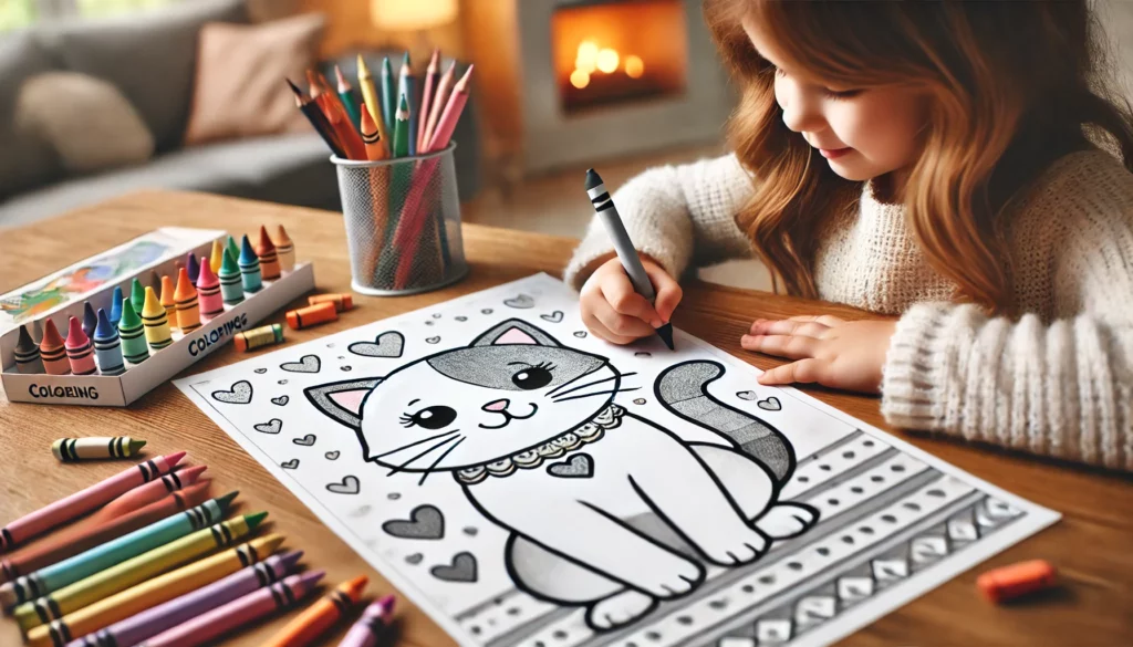 Dall·e 2024 10 12 19 23 07 a mockup of a child happily coloring a cat themed coloring page with a large, playful cat illustration the child is holding a crayon and focusing on