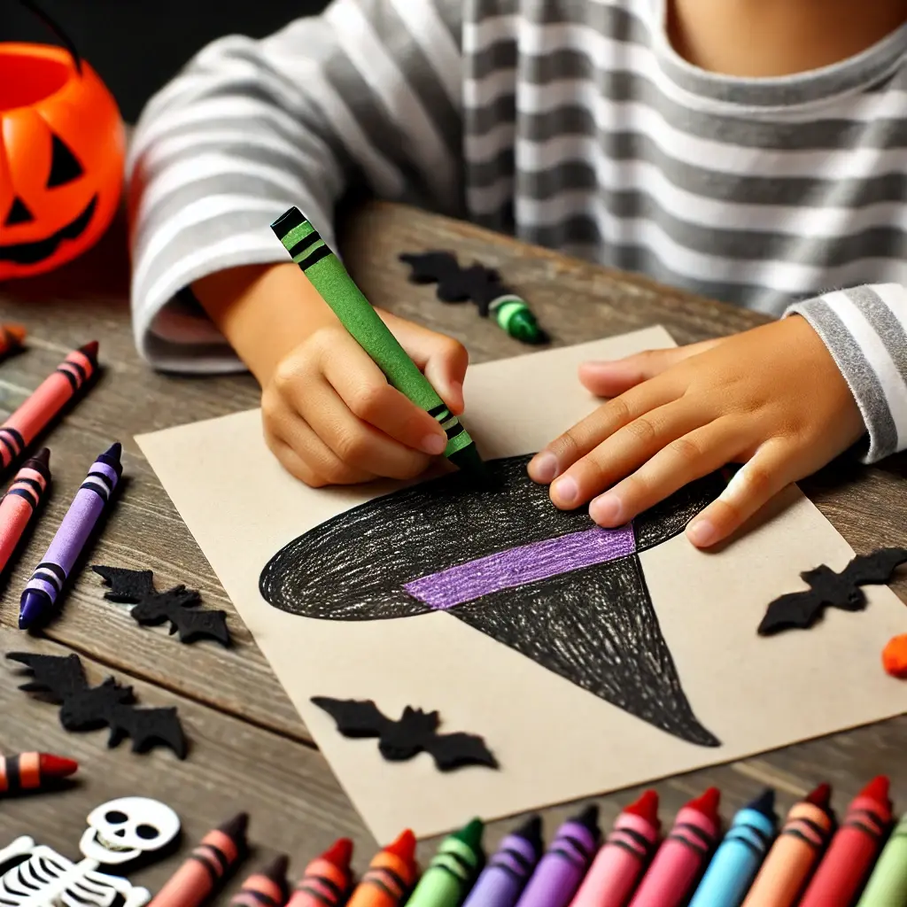 Dall·e 2024 10 29 18 46 46 a close up of a young childs hand with a dark brown skin tone carefully coloring the hat of a halloween witch the table is scattered with crayons