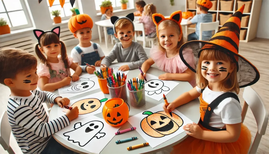 Dall·e 2024 10 29 18 46 52 a group of preschoolers dressed in light halloween costumes like cat ears and pumpkin hats color simple halloween designs like smiling ghosts and fr 1024x585