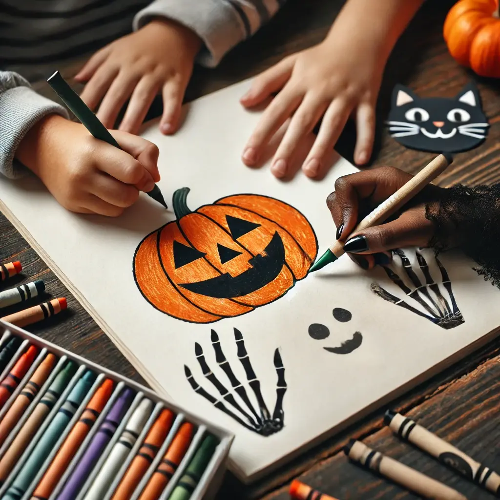 Dall·e 2024 10 29 18 47 57 a close up of two childrens hands one with a medium brown skin tone and the other with a light skin tone both working on a halloween page with a gr