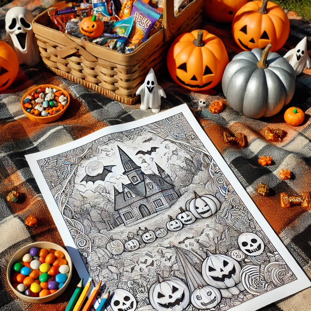 Dall·e 2024 11 08 11 28 09 outdoor picnic a partially colored halloween themed coloring page spread out on a picnic blanket during a sunny day with spooky decorations like min