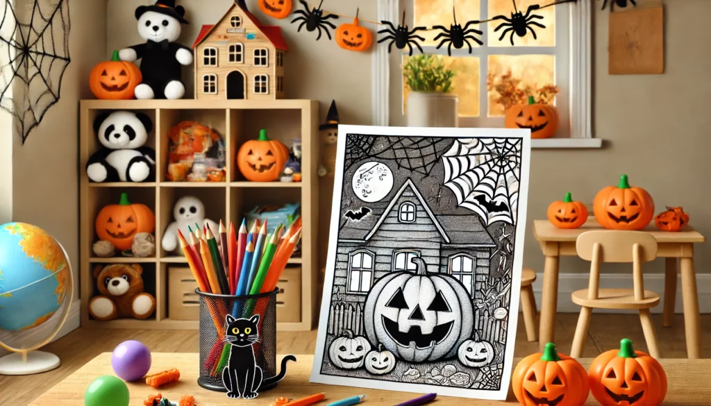 Dall·e 2024 11 08 11 33 44 playroom fun a halloween themed coloring page resting on a small table in a playroom surrounded by toys and spooky decorations like black cats spid 1024x585