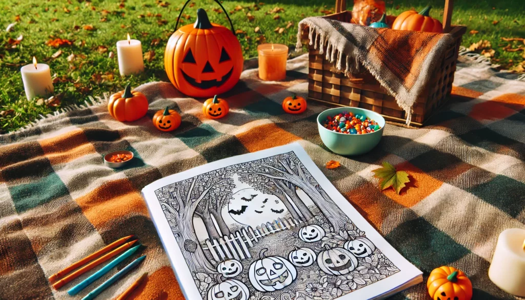 Dall·e 2024 11 08 11 33 49 outdoor picnic a partially colored halloween themed coloring page spread out on a picnic blanket during a sunny day the background includes trees wi 1024x585