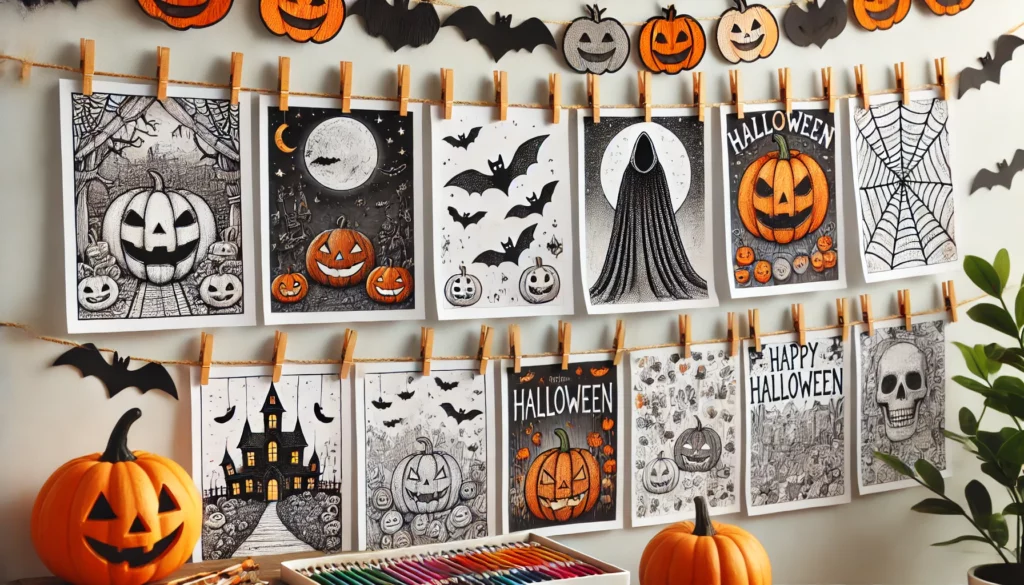 Dall·e 2024 11 08 11 35 32 art showcase several completed halloween themed coloring pages hanging with clothespins on a string displayed like an art show the background inclu 1024x585