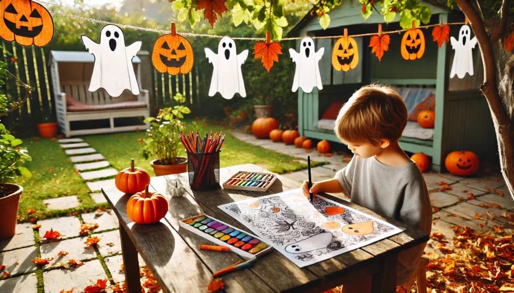 Dall·e 2024 11 08 11 38 23 backyard coloring a child sitting at an outdoor table in the backyard coloring a halloween themed page under the bright sunlight the background inc 1024x585