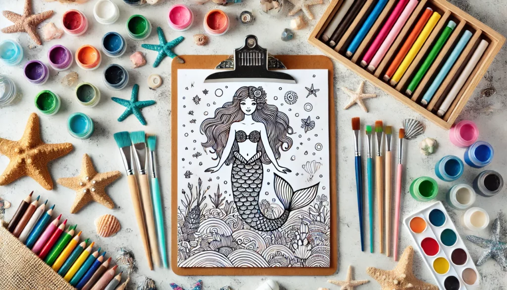 Dall·e 2024 11 08 11 47 46 art station a mermaid themed coloring page centered on a clipboard surrounded by art supplies like crayons, paints, and brushes on a table the backg