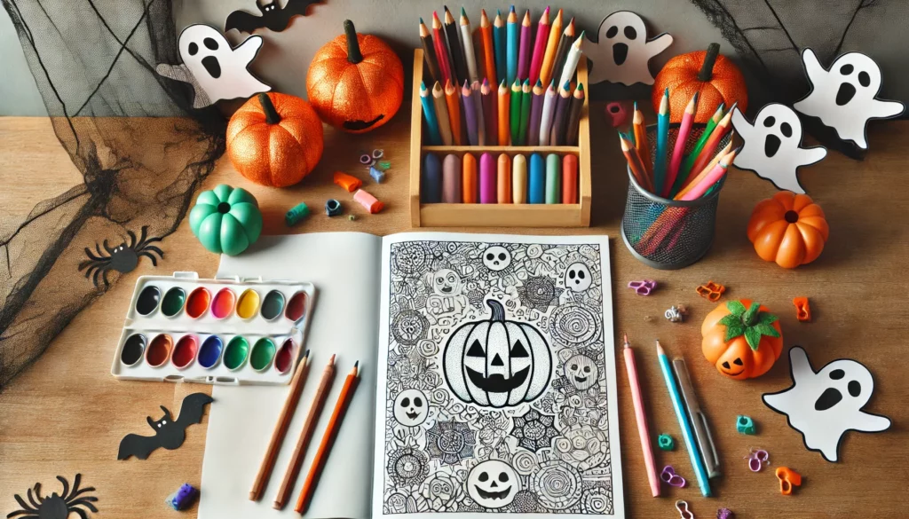 Dall·e 2024 11 08 20 35 42 creative desk setup a halloween themed coloring page centered on a childs desk surrounded by colored pencils markers and crayons the background 1024x585