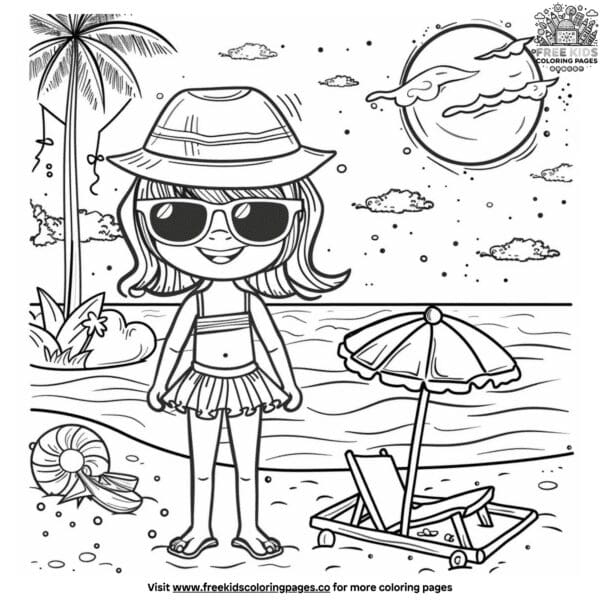 Beach girl in sunglasses coloring pages