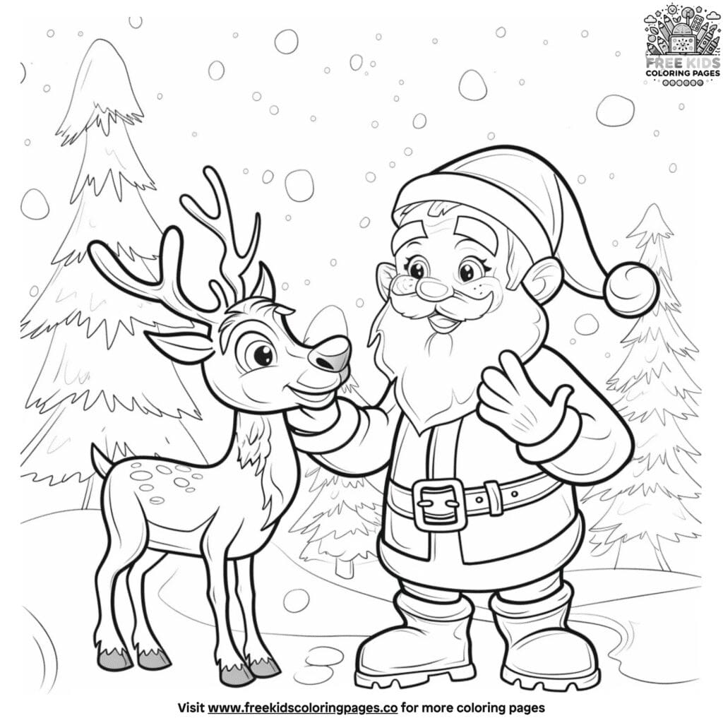 Santa Petting His Reindeer Coloring Pages For Kids