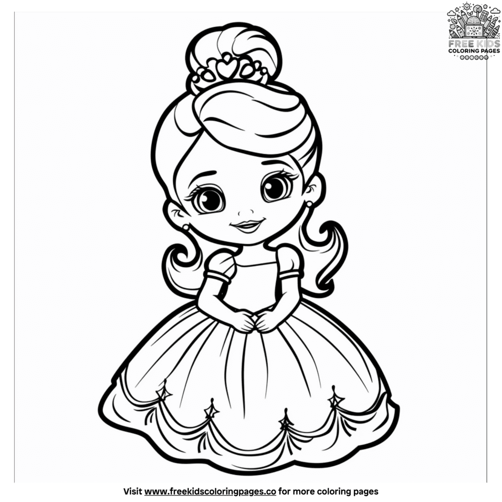 Baby girl in a princess dress coloring page