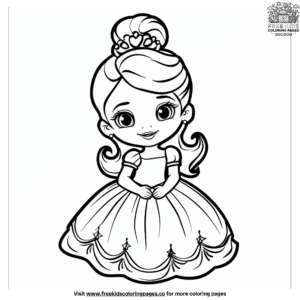 Baby girl in a princess dress coloring page