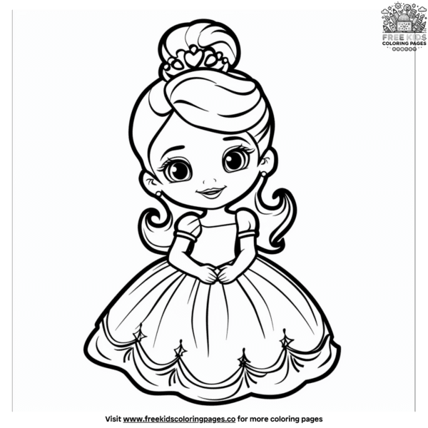 Baby girl in a princess dress coloring page