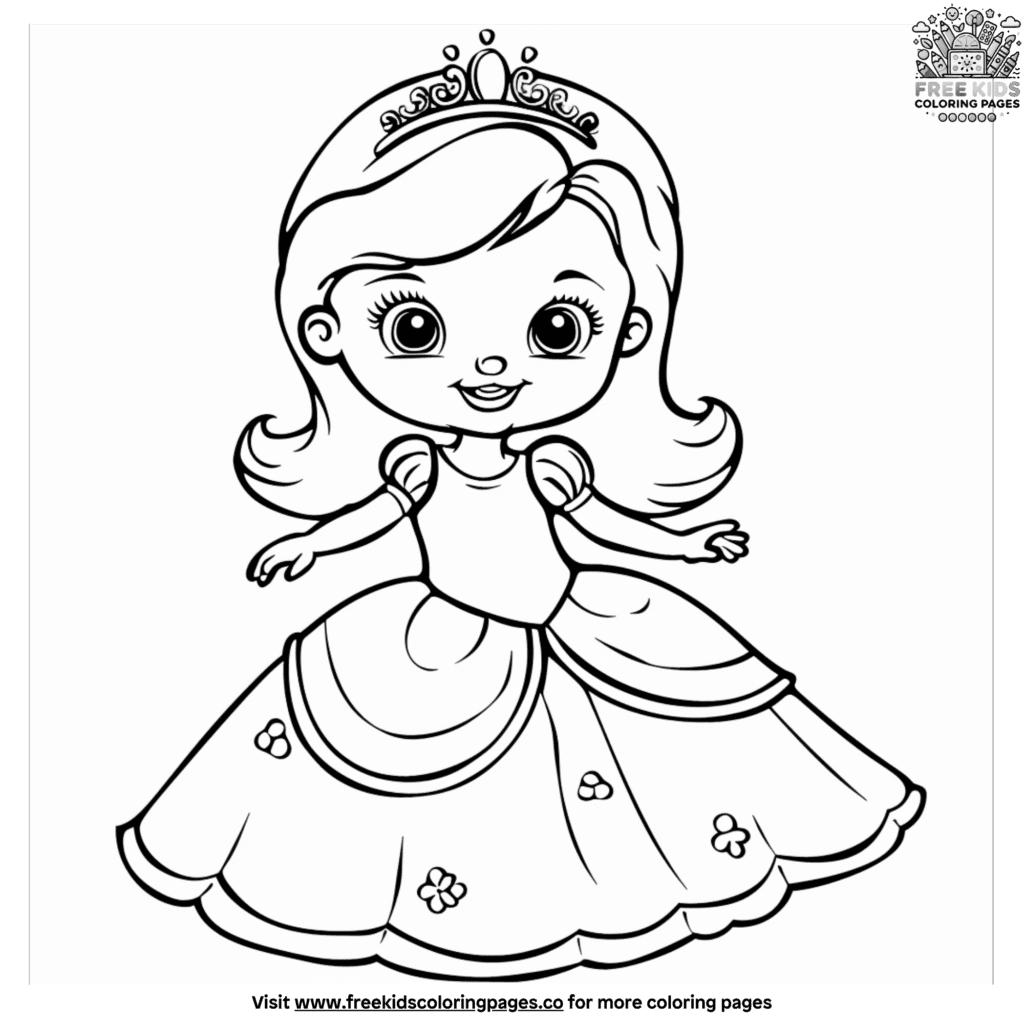 Happy baby girl in a princess dress coloring pages