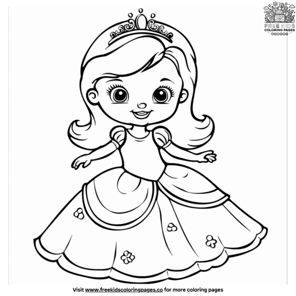 Happy baby girl in a princess dress coloring pages