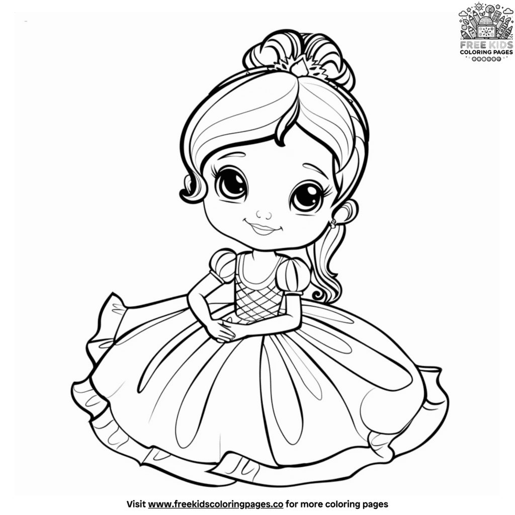 Cute baby girl in a princess dress coloring pages