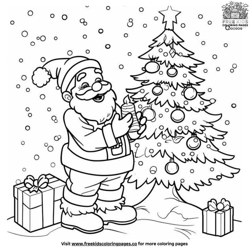 Cheerful santa and christmas tree coloring page