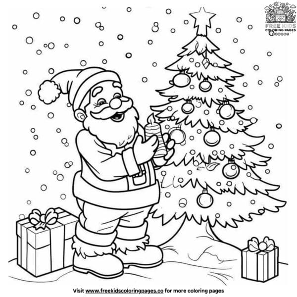 Cheerful santa and christmas tree coloring page