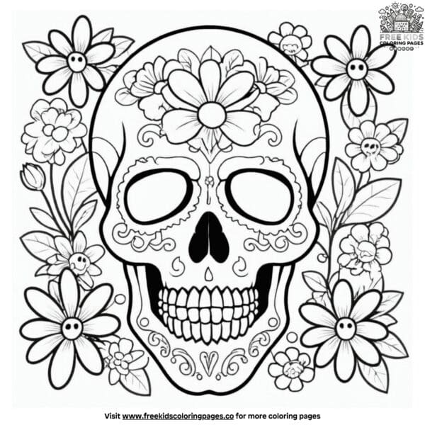 Stylish skull and floral coloring pages