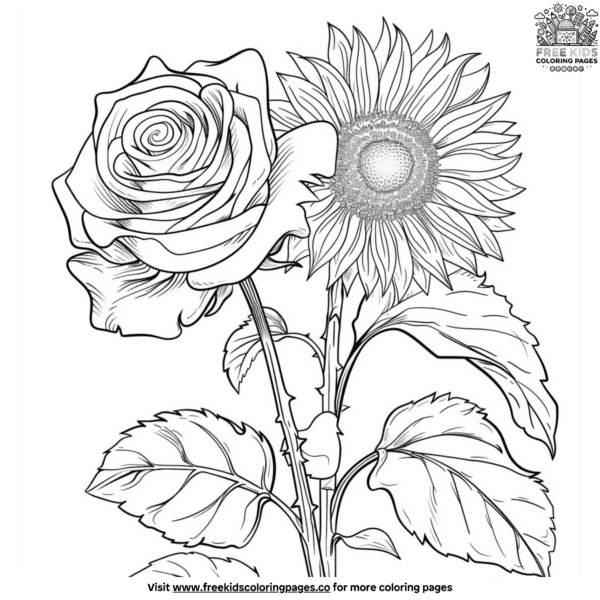 Cool sunflower and roses coloring pages