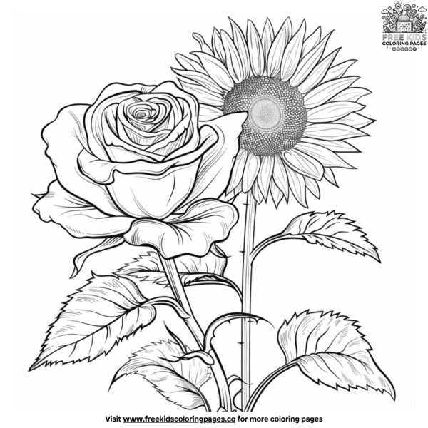 Sunflower and rose petals coloring pages