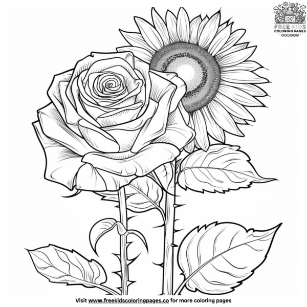 Sunflower and rose plant coloring pages