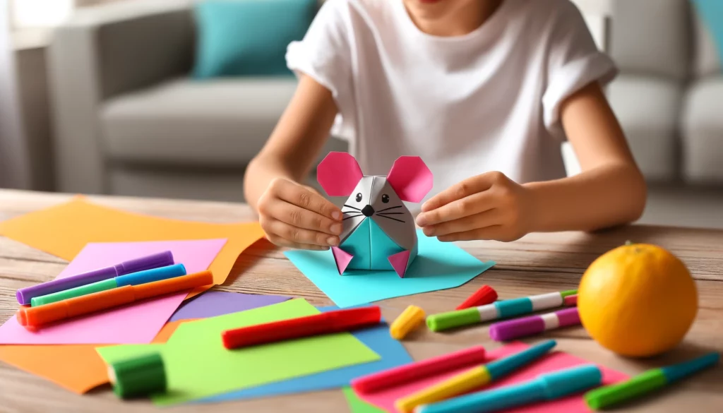 a child making an origami mouse made from paper