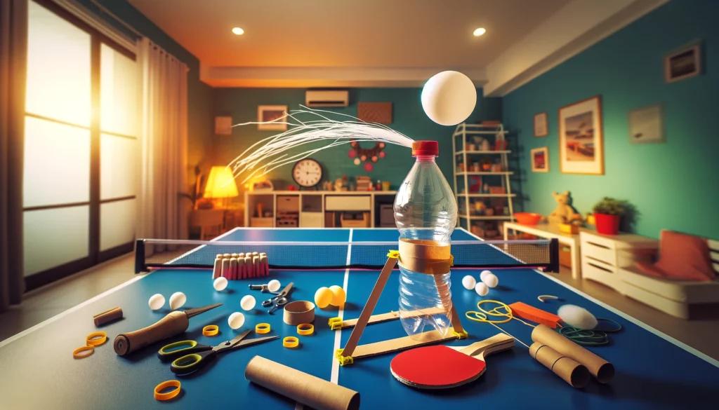 a table tennis game with a bottle of water and ping pong paddles to make a ping pong ball launcher