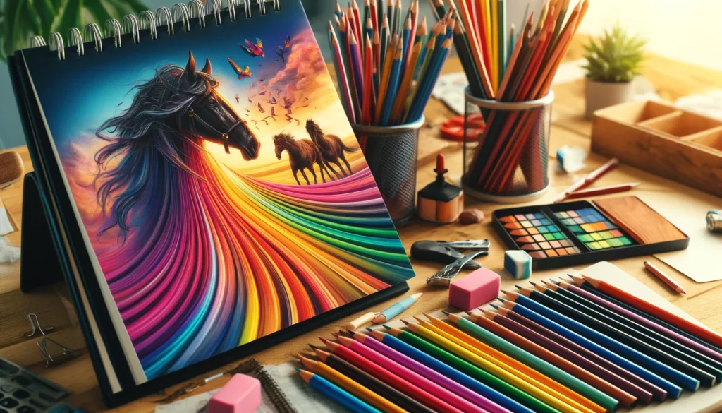 a drawing book with a rainbow horse to show how to use colored pencils
