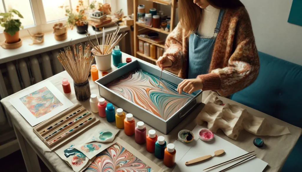 a woman making a DIY paper marbling project