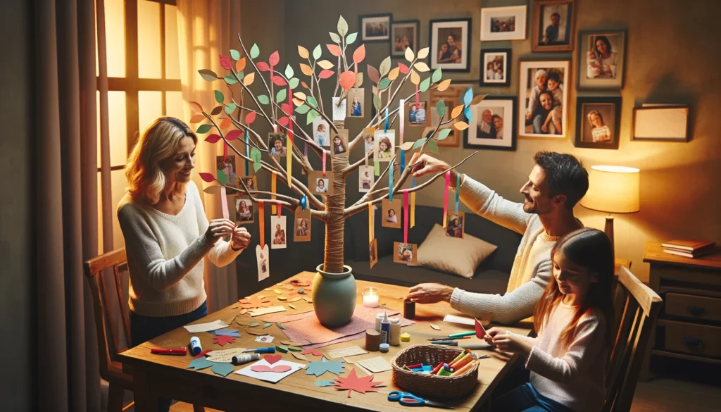 a family sitting around a table to craft a memory tree