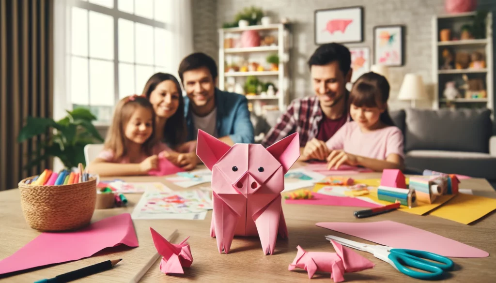 a group of people sitting around a table with an origami pig