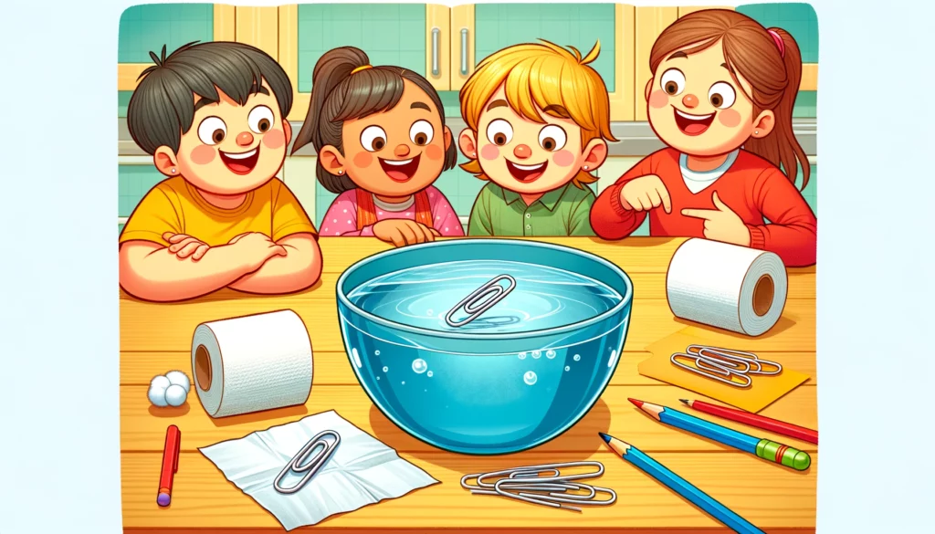 a group of kids sitting at a table trying the floating paperclip experiment
