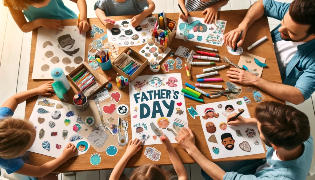 a group of people sitting at a table creating father's day stickers