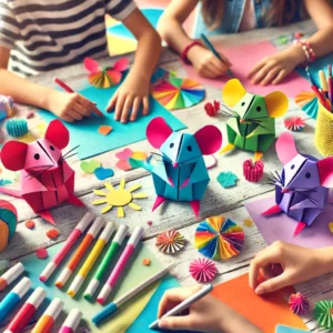 a group of kids making origami mice