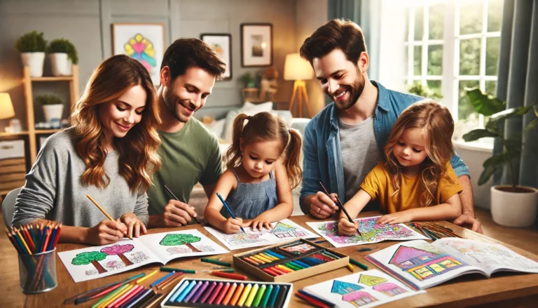 DALL·E-2024-06-13-20.02.46-A-family-coloring-together-at-home.-The-scene-shows-parents-and-their-two-young-children-gathered-around-a-large-table-with-various-coloring-books-an-1