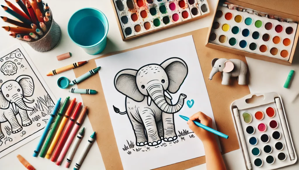 Dall·e 2024 10 12 15 24 35 an elephant coloring page mockup placed on a child’s art desk, with markers, crayons, and a cup of water for painting on the side include a child’s h