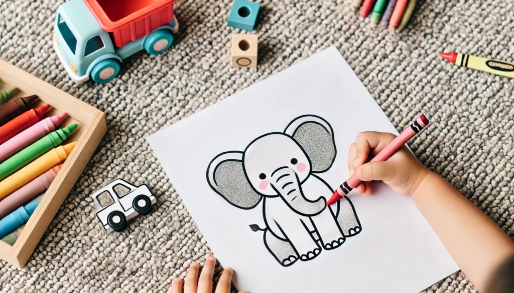 Dall·e 2024 10 12 15 48 50 an elephant coloring page mockup showing a child’s hand coloring a simple cartoon style elephant using a red crayon the page should be placed on a so