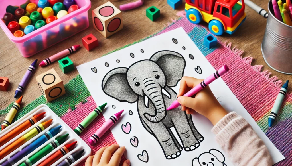 Dall·e 2024 10 12 15 51 50 an elephant coloring page mockup placed on a colorful play mat with blocks and crayons scattered around a child’s hand is coloring the elephant with