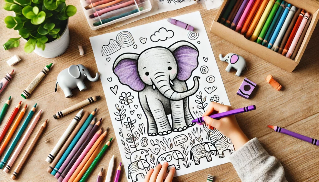 Dall·e 2024 10 12 15 59 04 an elephant coloring page mockup placed on a child’s art table, with crayons, colored pencils, and markers around a child’s hand is seen using a purp