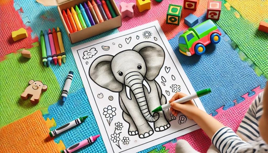 Dall·e 2024 10 12 15 59 38 an elephant coloring page mockup placed on a colorful children’s play mat, with a child’s hand holding a green marker the page shows a partially colo