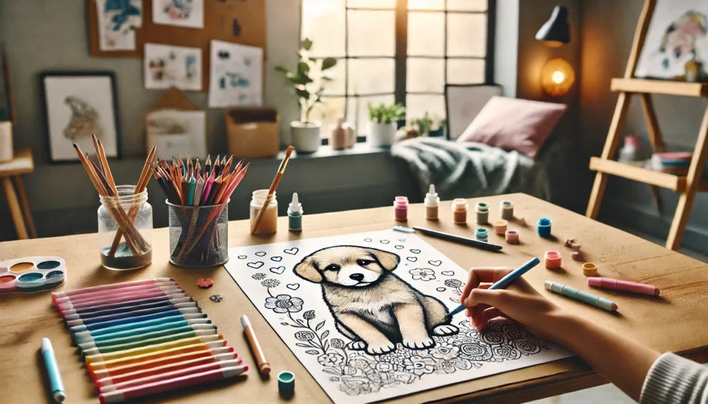 Dall·e 2024 10 14 16 02 08 a mockup of a puppy coloring page displayed on an art table in a cozy home studio the page is partially colored using a variety of bright markers th