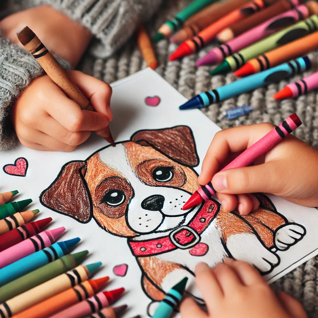 Dall·e 2024 10 30 21 04 16 a close up of two children’s hands holding crayons, one carefully coloring a puppy’s ears with brown, and the other shading in the puppy’s collar in b