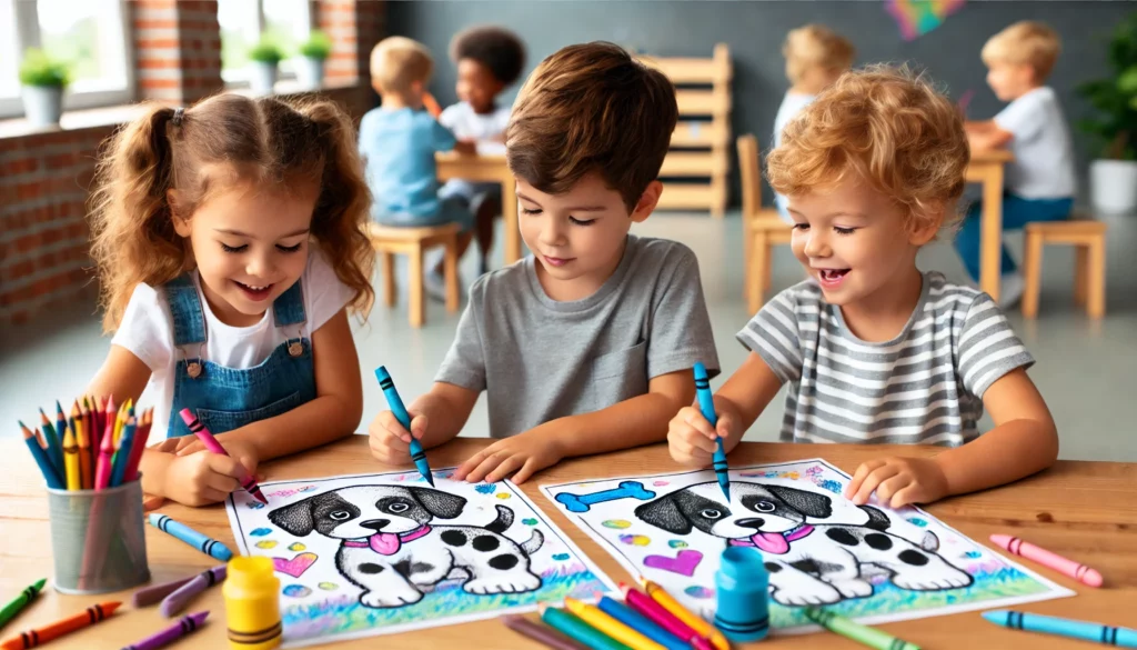 Dall·e 2024 10 30 21 04 20 three young kids, aged 4 to 6, sitting around a table in a classroom, each working on their own puppy coloring page one child colors a spotted puppy