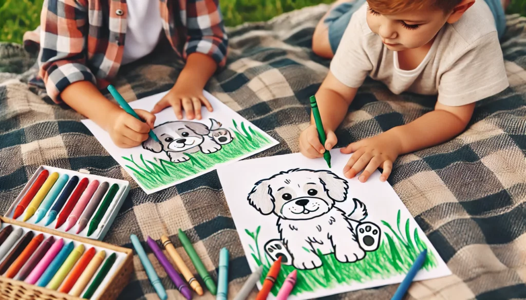 Dall·e 2024 10 30 21 04 21 two siblings coloring side by side on a picnic blanket outdoors, each with a different puppy themed coloring page one child uses crayons to color a p